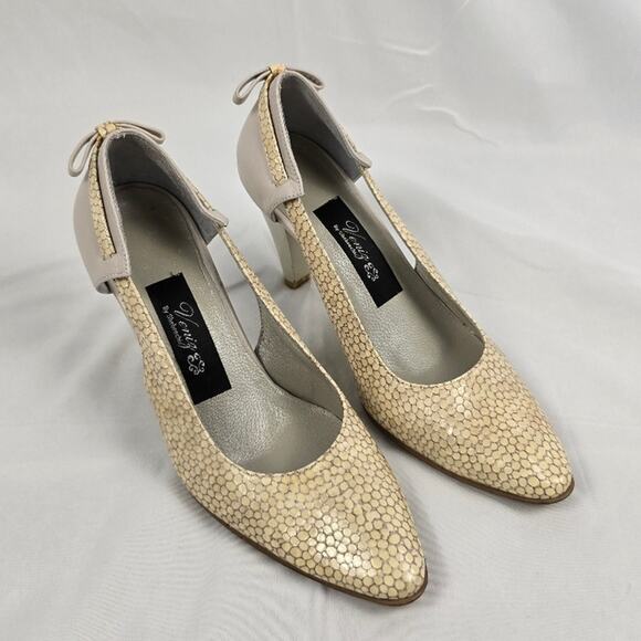 Vintage Veniz Leather Heels Size 6.5 Yellow Animal Print Bow Pumps Retro - Picture 3 of 6